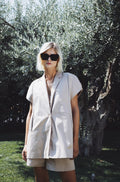 Oversized cotton Halo blazer with short voluminous sleeves, front styling view outdoors