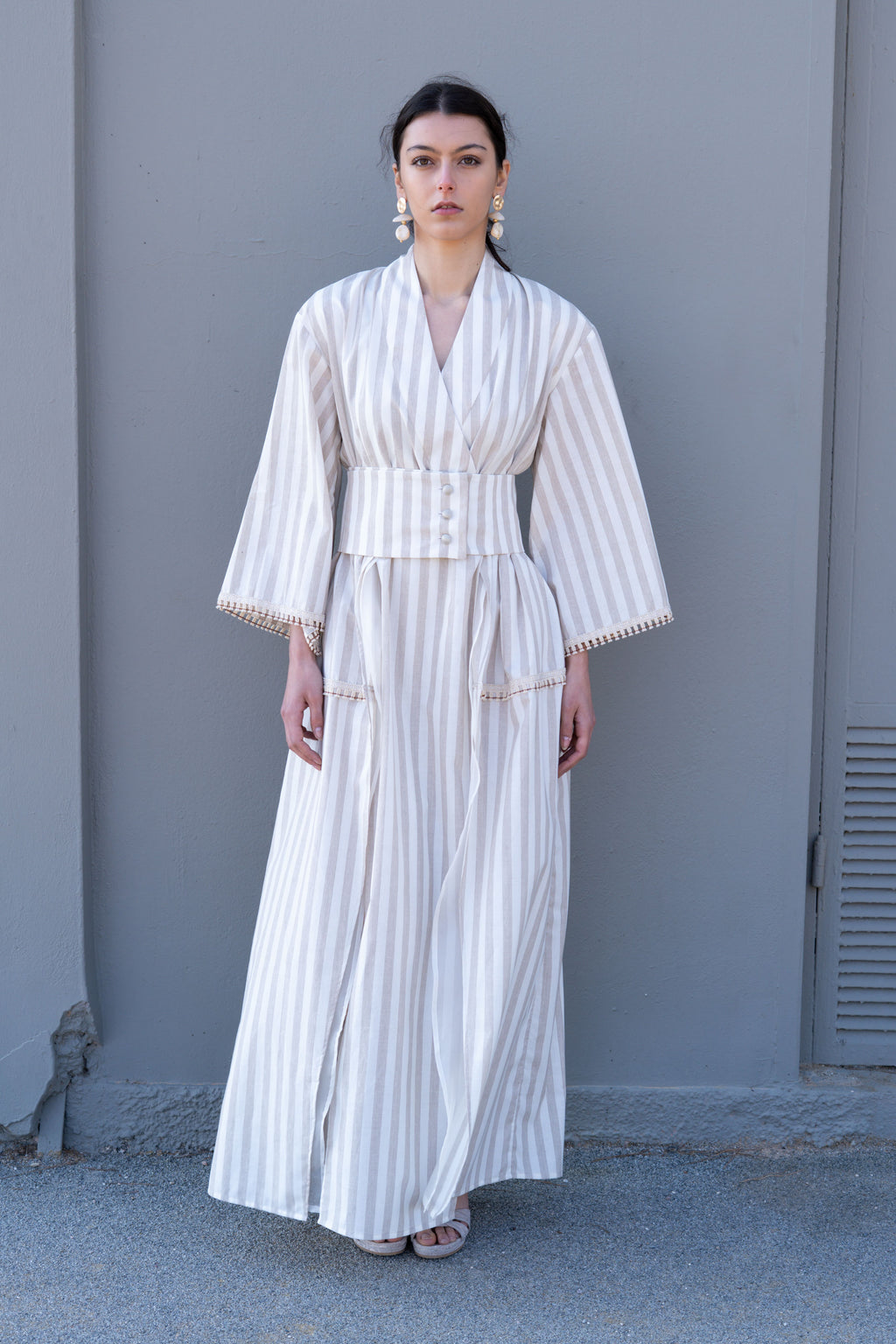 Striped cotton kimono dress full length front view with wide waist belt, soft drape and subtle slit detail