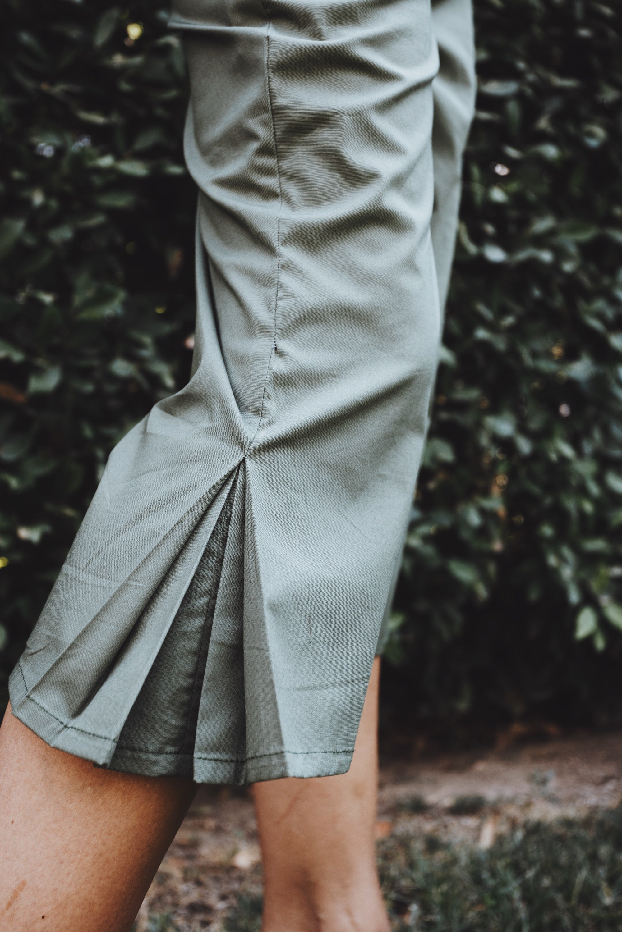 Julia Valas Elia Capri Pant olive cropped pants with pleated detail and tailored silhouette