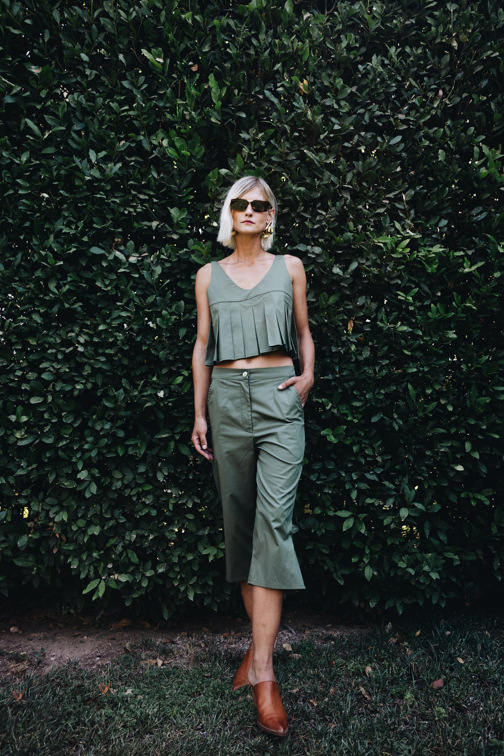 Julia Valas Elia Top with olive capri trousers matching set full look outdoors