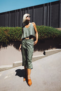 Julia Valas Elia Top with olive capri trousers matching set worn in sunlit summer look outdoors