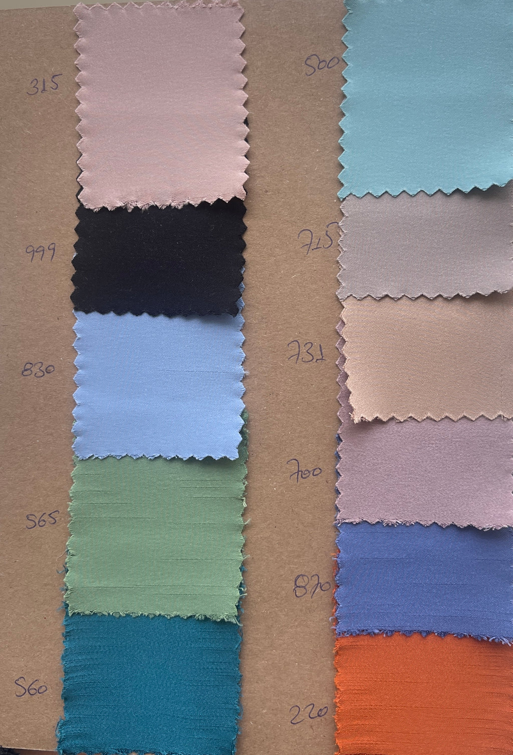 Color palette for the Oria Dress in stretch crepe satin, available in bridal and evening shades by Julia Valas
