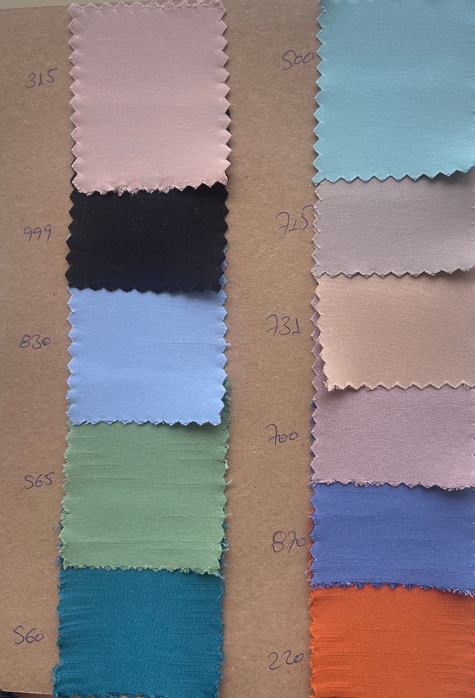 Color palette for the Oria Dress in stretch crepe satin, available in bridal and evening shades by Julia Valas