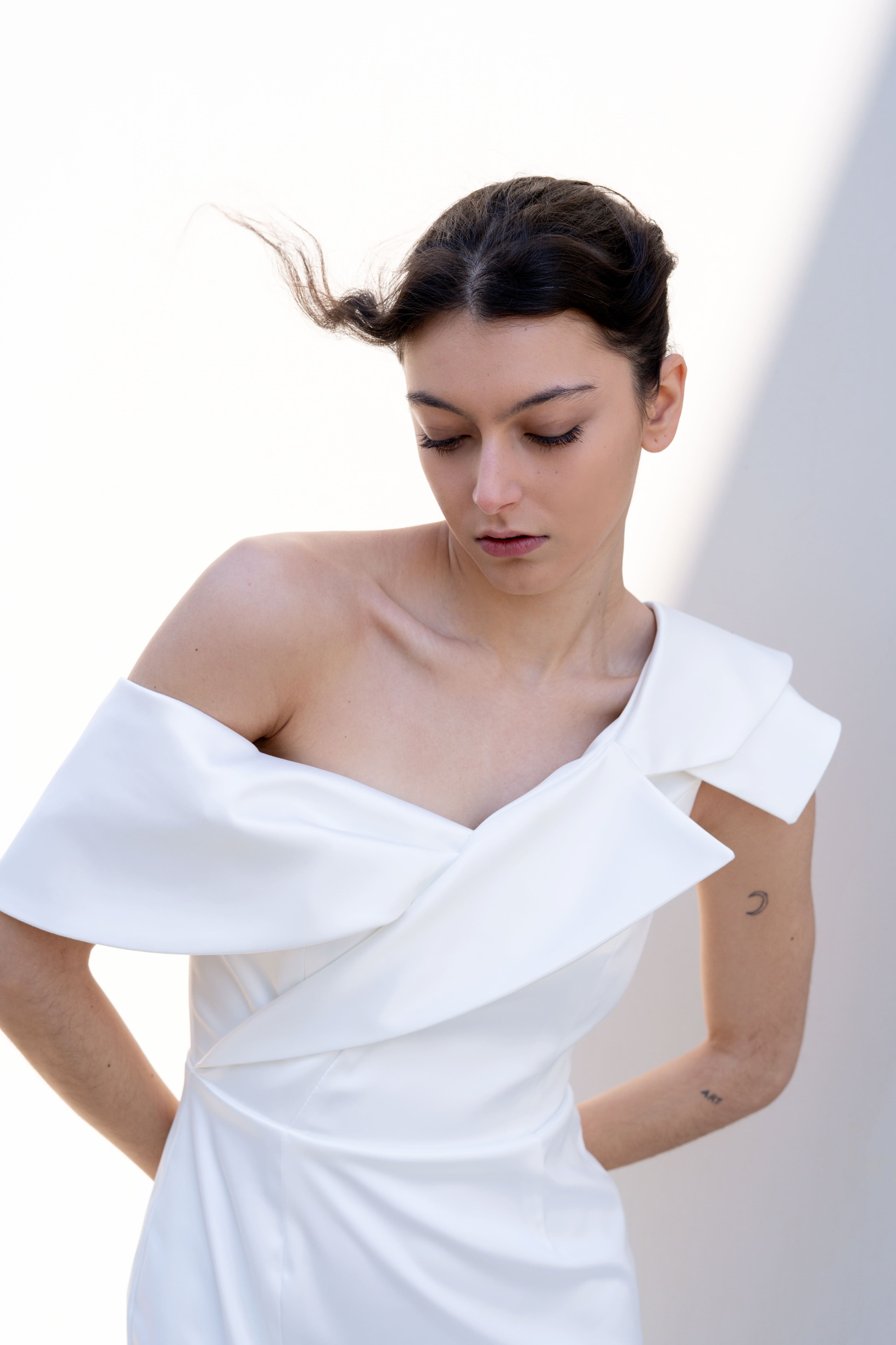 one-shoulder bridal dress with deconstructed lapel neckline soft portrait