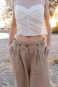 Sweetheart cotton silk bustier top and Smart Volume bermuda pants set, structured crop top with spaghetti straps paired with high-waisted pleated bermuda, tailored summer outfit in natural fabric